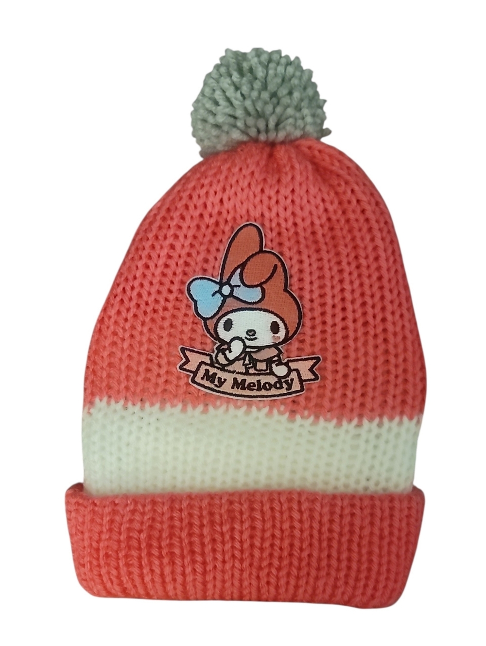 Hand Crafted Coral and Cream My Melody Knit Pom Pom Beanie NWT